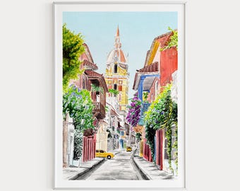 Cartagena Print, Colombia Wall Art, Watercolor Print, Cartagena Cityscape, Colombia Wall Decor, Latin America Print, Travel Gift