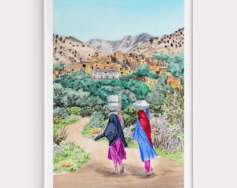 Afghanistan Wall Art Print, Rural Watercolor Landscape, Afghan Decor, Travel Gift