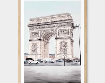 Arc de Triomphe Watercolor Print, Paris Wall Art, Paris Cityscape Painting, French Decor