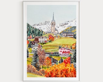 Schmitten Schweiz Druck, Schweizer Kunst, Aquarell Malerei, Schweiz Herbst, Wandkunst, druckbare Kunst, Schmitten Landschaft, Reisegeschenk