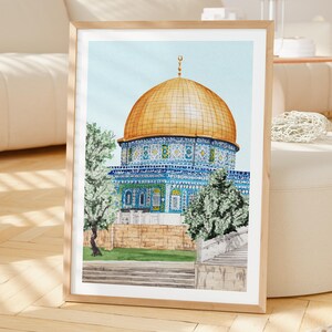 Al Aqsa Mosque Watercolor Print, Jerusalem Wall Art, Jerusalem Cityscape Painting, Middle East Decor image 2