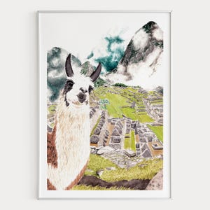 Machu Picchu Watercolor Print, Peru Wall Art, Peruvian Llama Landscape Painting, Andes Mountain Artwork