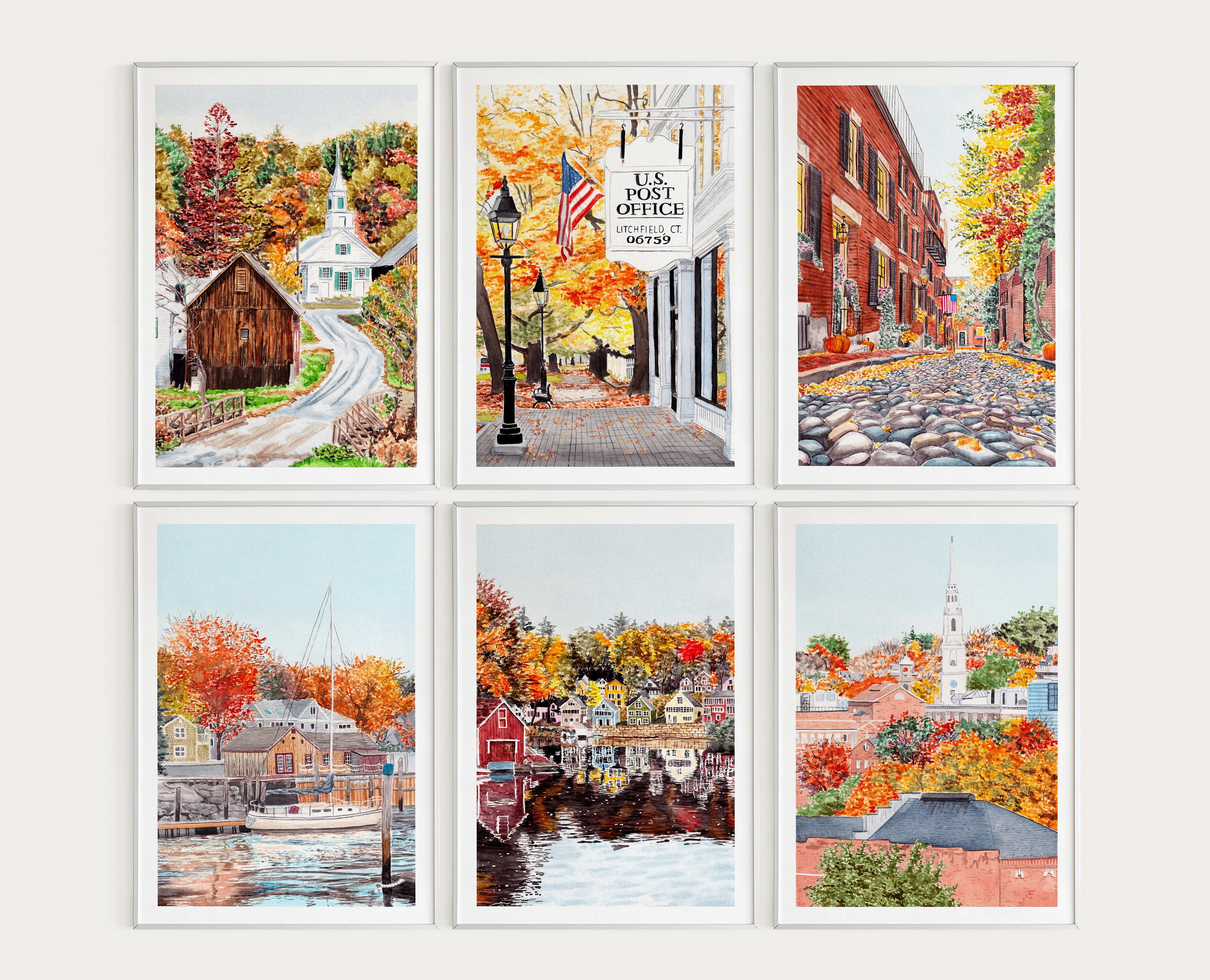 US New England Set of 6 Watercolor Prints, Fall Wall Art, New England Painting, USA Print, Travel Art, New England Art, Fall Cityscapes