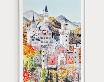 Neuschwanstein Castle Watercolor Print, Germany Wall Art, Schwangau Landscape Painting, Bavaria Autumn Decor