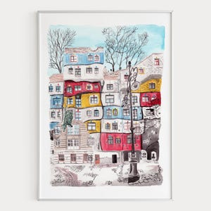 Wenen aquarel print, Oostenrijk kunst aan de muur, Wenen stadsgezicht schilderij, Oostenrijk decor afbeelding 1