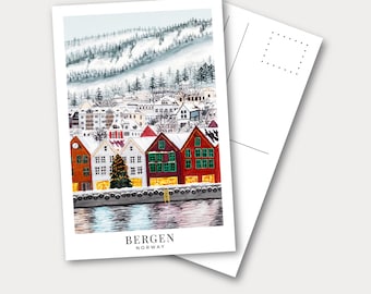 Art de la carte postale de Bergen, carte postale aquarelle, paysage de Norvège, carte postale imprimable, téléchargement numérique