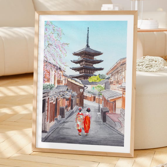 Kyoto Watercolor Print, Japan Wall Art, Kyoto Cityscape Painting