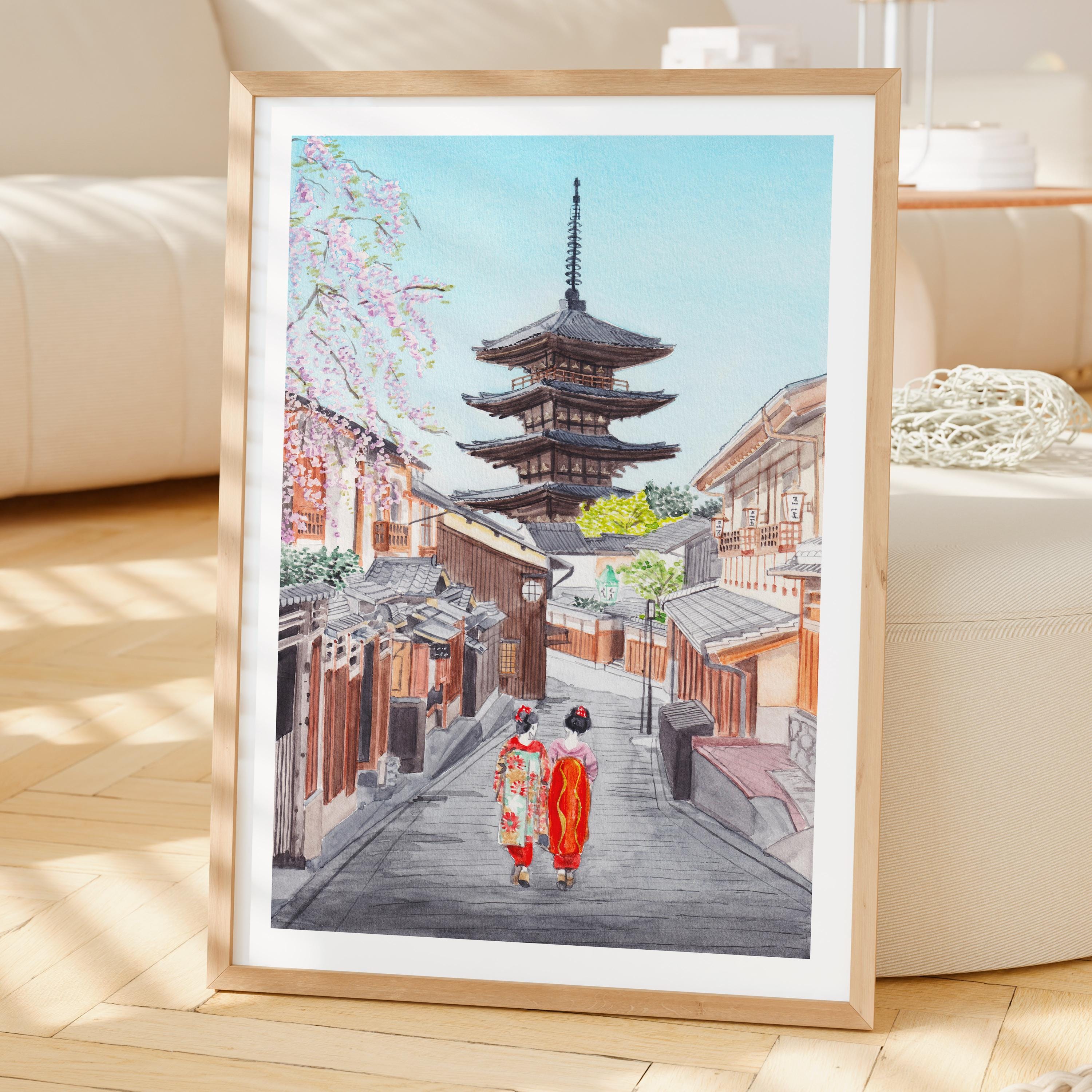 京都水彩画プリント、日本風ウォールアート、京都の街並み絵画、桜の