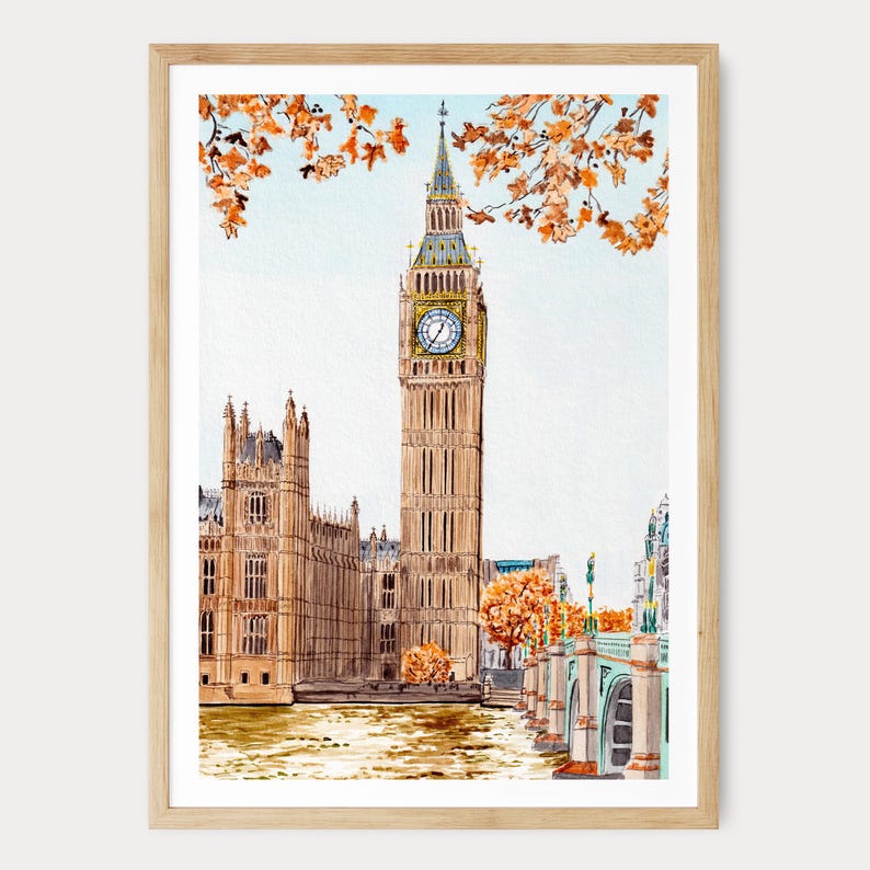 Big Ben-aquarelprint, kunst aan de muur VK, stadsgezicht Londen herfst, decor Engeland, vintage afdrukbare muurkunst, reiscadeau afbeelding 1