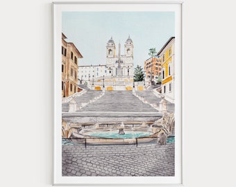 Impression aquarelle La place d'Espagne, art mural Rome, peinture Italie, art Italie, décoration murale Italie, paysage urbain de Rome, art imprimable, cadeau de voyage