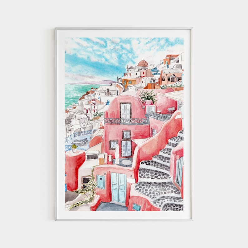 Greece Art Print, Oia Kikladhes Art, Greece Painting, Greece Wall Art, Santorini Greece, Greece Cityscape, Santorini Print, Greece Print image 1