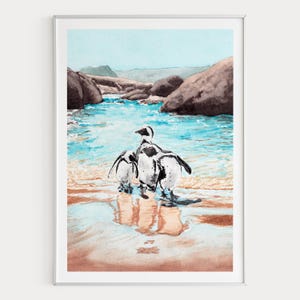 Stampa ad acquerello di Città del Capo, arte murale del Sud Africa, Boulders Beach, dipinto di paesaggio di Città del Capo, decorazioni costiere