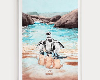 Cape Town Watercolor Print, South Africa Wall Art, Boulders Beach, Cape Town Landscape Painting, Coastal Decor