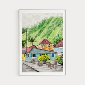 Impression de l'île de la Réunion, aquarelle, art mural Afrique, paysage urbain de la Réunion, décoration africaine, art de la Réunion, impression d'art de galerie, cadeau de voyage