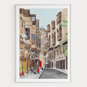 Akwarela z Kairu, sztuka ścienna z Egiptu, obraz z pejzażem miejskim z Kairu, wystrój egipski, prezent z podróży do Afryki Północnej