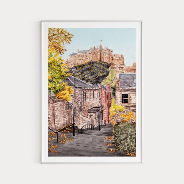 Impression d'Édimbourg, art mural Écosse, le point de vue Vennel, impression aquarelle, art écossais, paysage urbain d'Édimbourg, impression Europe, cadeau de voyage