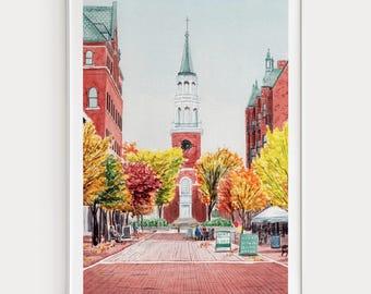Burlington Watercolor Print, Vermont Wall Art, Burlington Cityscape Painting, New England Autumn Decor