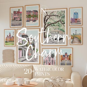 Sztuka ścienna „Southern Charm”, zestaw ponad 20 akwarelowych wydruków przedstawiających Charleston, Savannah i panoramy miast Południa, galeria ścienna, wystrój wnętrz, NorrskenArt