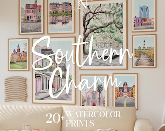 Sztuka ścienna „Southern Charm”, zestaw ponad 20 akwarelowych wydruków przedstawiających Charleston, Savannah i panoramy miast Południa, galeria ścienna, wystrój wnętrz, NorrskenArt