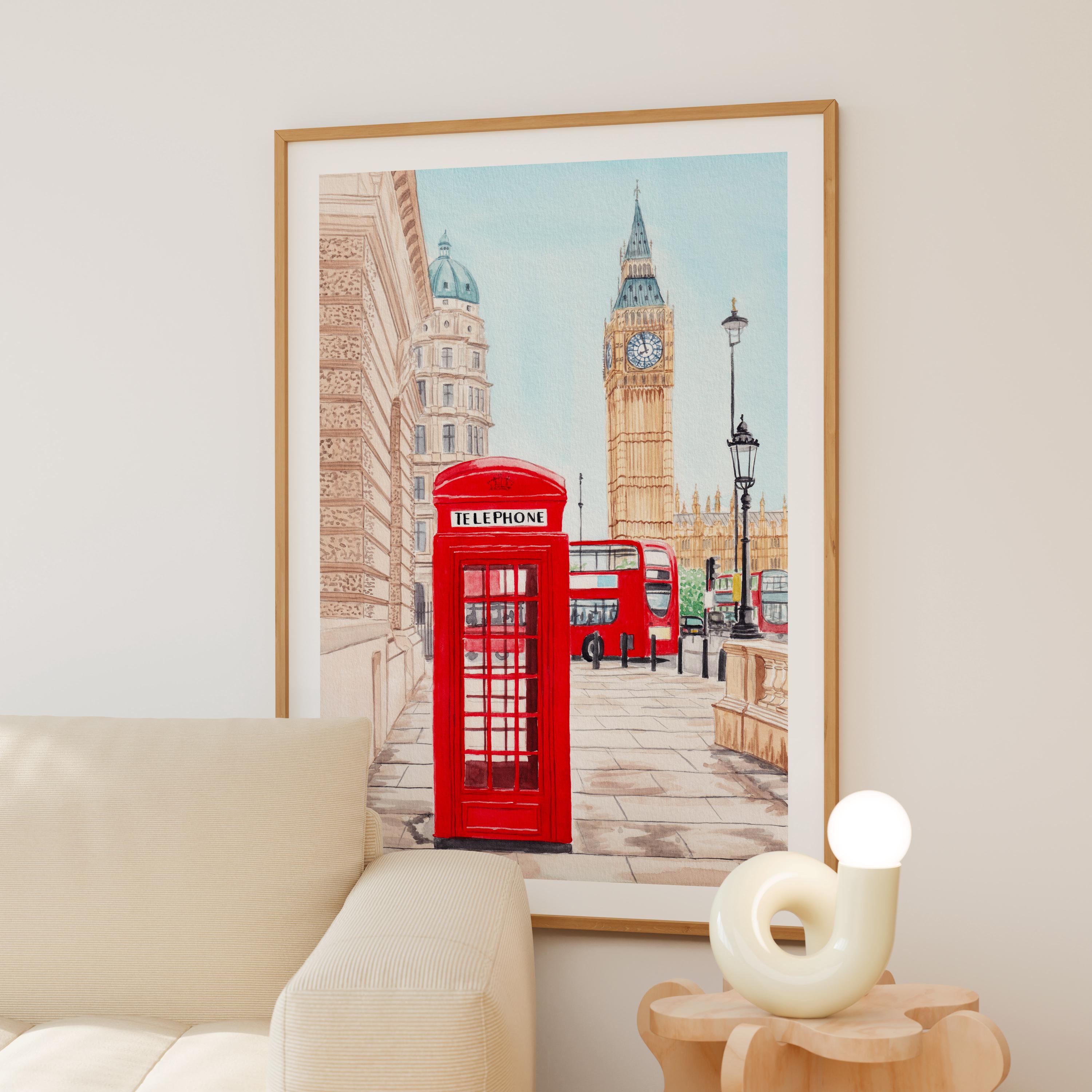 ロンドンプリント、英国ウォールアート、水彩画の都市景観、ビッグベン 