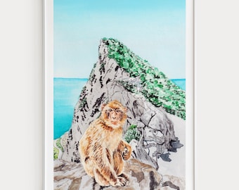 Gibraltar Watercolor Print, Rock of Gibraltar Landscape Painting, Mediterranean Decor