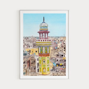 Wazir Khan-moskee print, Pakistan muurkunst, Pakistan print, Pakistan Art Print, reiscadeau, Lahore schilderij, Azië print, Lahore stadsgezicht