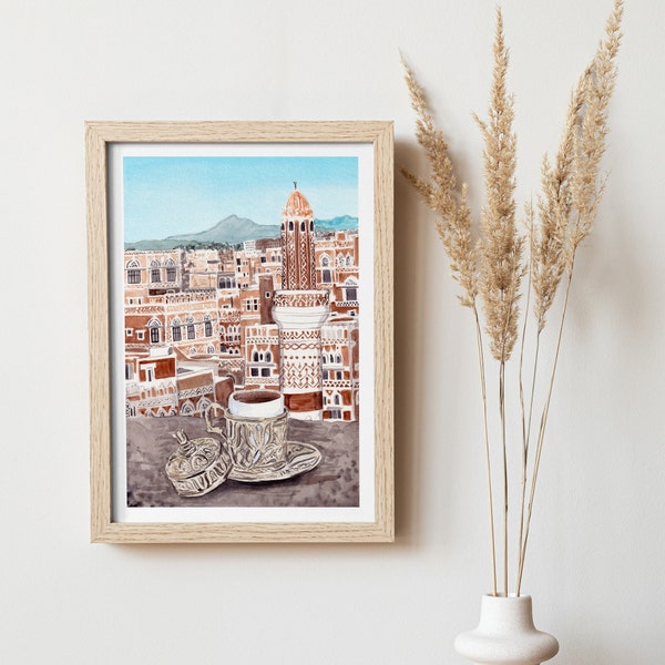 Impression du Yémen, impression d'art de Sanaa, art mural du Yémen, impression aquarelle, art mural du Yémen, impression du Moyen-Orient, peinture du Yémen, art du café, cadeau de voyage