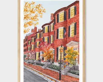Beacon Hill Print, Boston Wall Art, Watercolor Cityscape, Massachusetts Fall Decor, Travel Gift