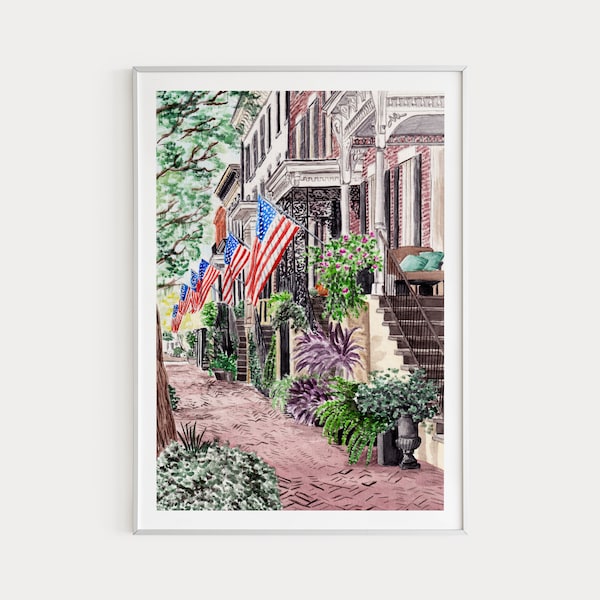 Savannah Print, Georgia Wall Art, Watercolor Painting, Jones Street Art, Savannah Cityscape, Georgia Print, Travel Gift, USA Print