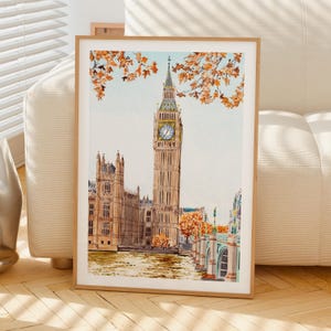 Big Ben-aquarelprint, kunst aan de muur VK, stadsgezicht Londen herfst, decor Engeland, vintage afdrukbare muurkunst, reiscadeau afbeelding 6
