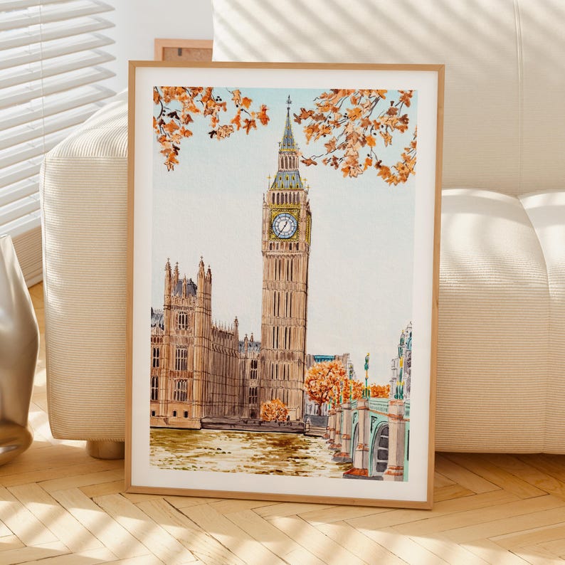 Big Ben-aquarelprint, kunst aan de muur VK, stadsgezicht Londen herfst, decor Engeland, vintage afdrukbare muurkunst, reiscadeau afbeelding 6