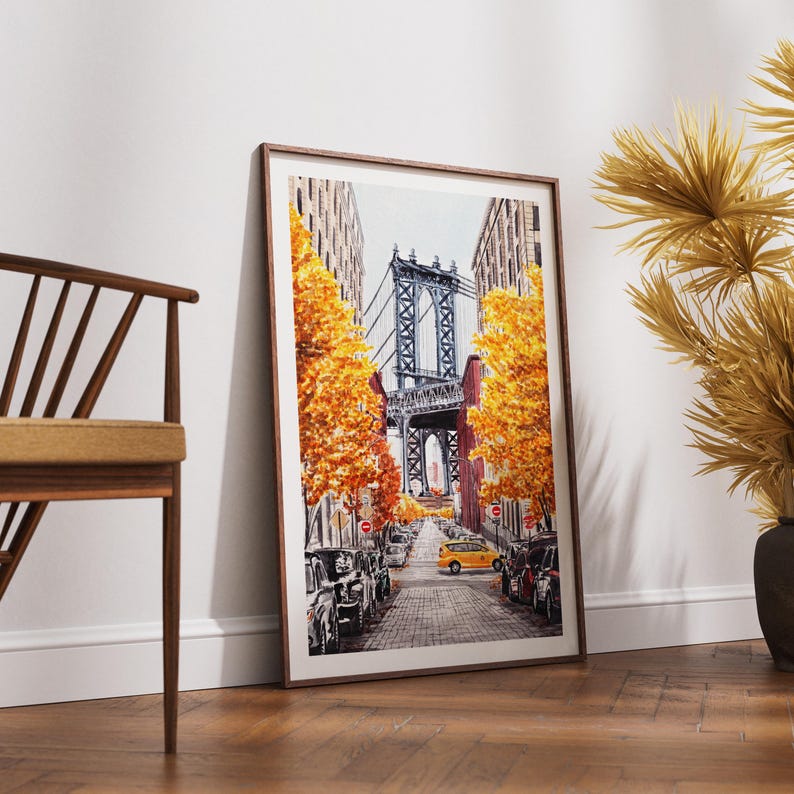 Láminas de acuarela de Nueva York, Arte mural de Nueva York, Decoración mural otoñal, Arte de Manhattan, Arte de la ciudad de Nueva York, Láminas de Nueva York, Láminas de viajes a Nueva York imagen 5