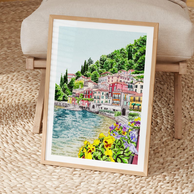 Impression aquarelle de Varenna, art mural Italie, peinture de paysage du lac de Côme, décoration italienne, téléchargement numérique image 3