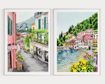 Conjunto de gravuras em aquarela do Lago Como, arte de Bellagio e Varenna, decoração de parede italiana, decoração à beira do lago, presente de viagem
