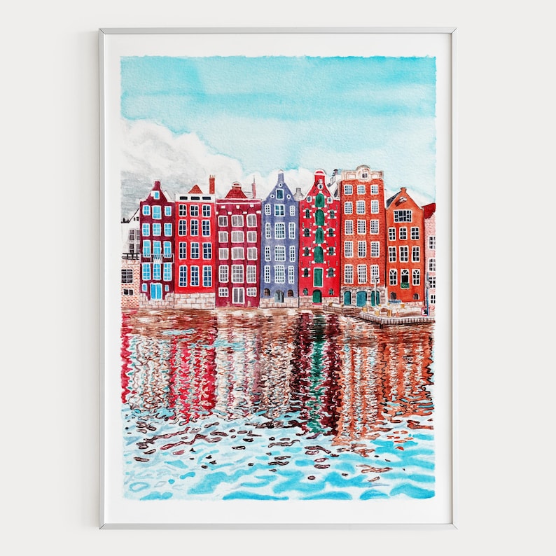 アムステルダムの水彩画、オランダの壁画、アムステルダムの街並みの絵画、オランダの装飾 画像 1