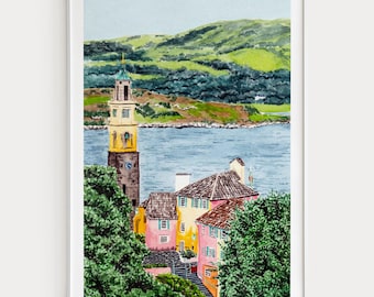 Lámina de acuarela de Portmeirion, arte mural de Gales, pintura de paisaje galés, decoración cottagecore, pueblo costero, descarga digital / NorrskenArt
