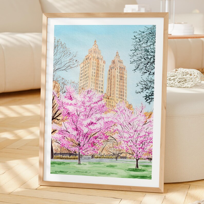 Central Park Watercolor Print, New York Spring Wall Art, Manhattan Cityscape Painting, NYC Travel Gift image 2