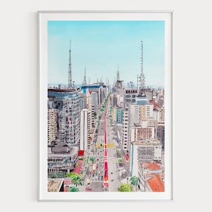 Aquarel print Sao Paulo, muurkunst Brazilië, Avenida Paulista, schilderij skyline Sao Paulo, Braziliaans decor
