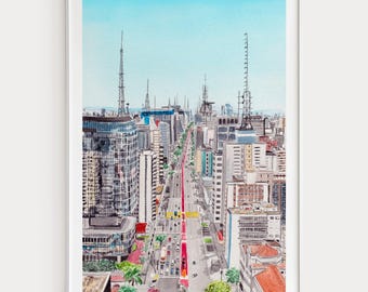 Impressão em aquarela de São Paulo, arte de parede do Brasil, Avenida Paulista, pintura do horizonte de São Paulo, decoração brasileira