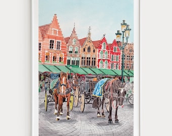 Brugge aquarel print, Belgische kunst aan de muur, Brugge stadsgezicht, Belgisch decor