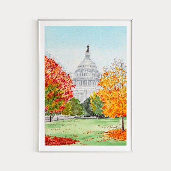 Washington DC Print, Watercolor Painting, Fall Wall Art, United States Capitol Art, Washington DC Cityscape, Travel Gift