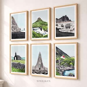 May include: Six framed landscape art prints featuring watercolor paintings of Icelandic scenery. The prints depict mountains, waterfalls, churches, and coastal views. Each artwork is in a light wood frame, creating a cohesive gallery wall.