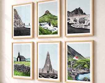 May include: Six framed landscape art prints featuring watercolor paintings of Icelandic scenery. The prints depict mountains, waterfalls, churches, and coastal views. Each artwork is in a light wood frame, creating a cohesive gallery wall.