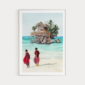 Impresión de Zanzíbar, arte mural de Tanzania, pintura de acuarela, arte africano, paisaje de Zanzíbar, arte tradicional, decoración de Tanzania, regalo de viaje