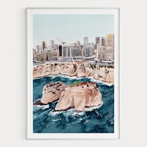 Beiroet aquarel print, Libanon kunst aan de muur. Stadsgezicht schilderij Beiroet, Libanees decor, digitale download