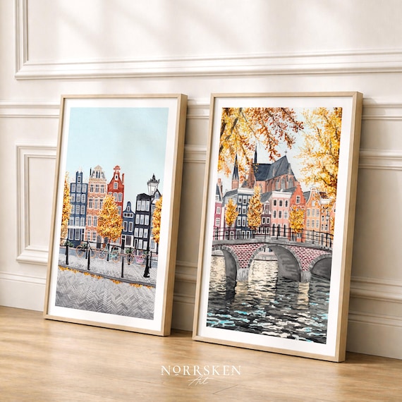 Amsterdam Watercolor Wall Art Prints, Dutch Cityscape Painting, Netherlands Travel Gift, European Fall Decor