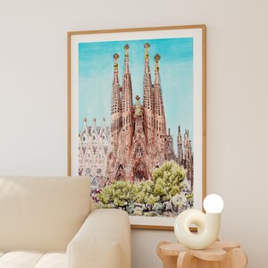 Impresión en acuarela de la Sagrada Familia, arte mural de Barcelona, decoración de España, pintura del paisaje urbano de Barcelona imagen 3