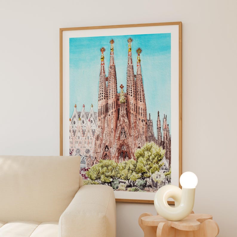 Impresión en acuarela de la Sagrada Familia, arte mural de Barcelona, decoración de España, pintura del paisaje urbano de Barcelona imagen 3