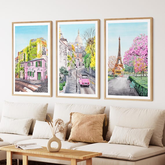 Paris Set of 3 Art Prints, Paris Wall Art, Paris Watercolor Art, Eiffel Tower Spring Decor, French Art, Paris Gallery Travel Art