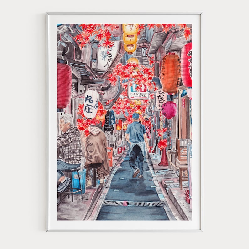 Impresión de acuarela del callejón de Shinjuku, arte mural japonés, paisaje urbano de Tokio, arte japonés, regalo de viaje a Tokio imagen 1